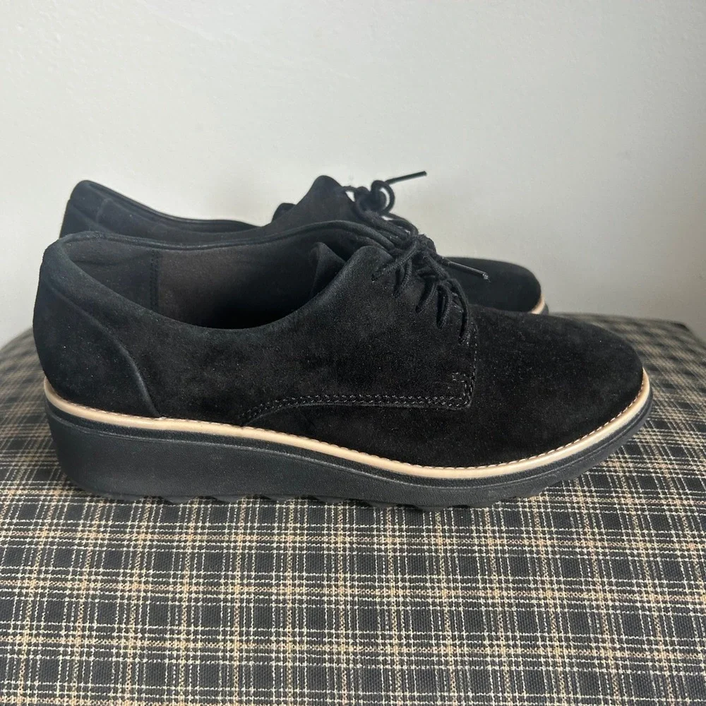 Clarks Sharon Dolly Black Suede Wedge‎ Lace Up Oxford Shoes Size 5.5 Black